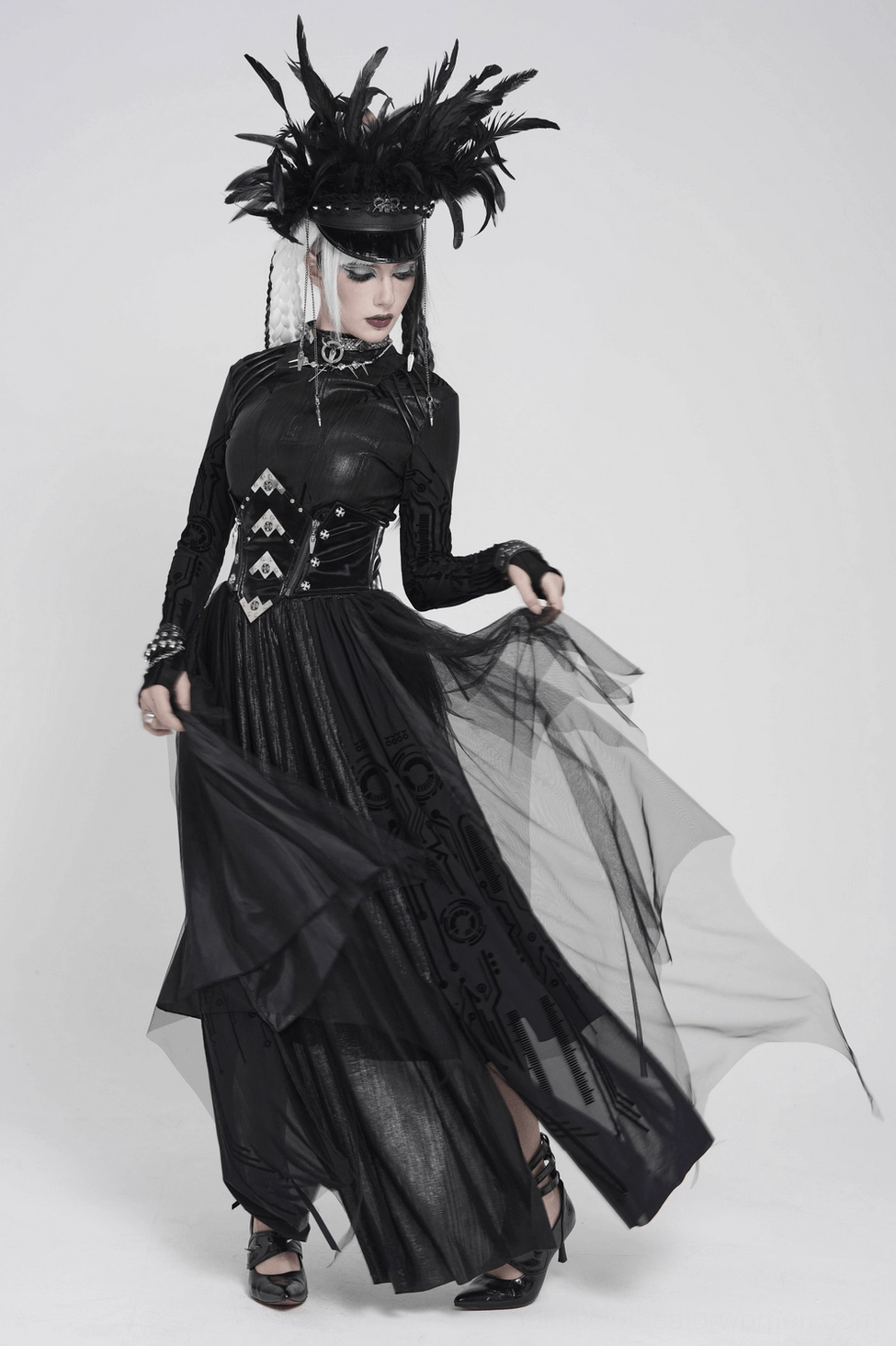 Black gothic mesh maxi skirt detail close-up of tulle overlay and hem construction
