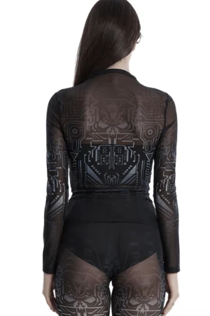 Back view of black sheer mesh long-sleeve gothic top with circuit skull print design