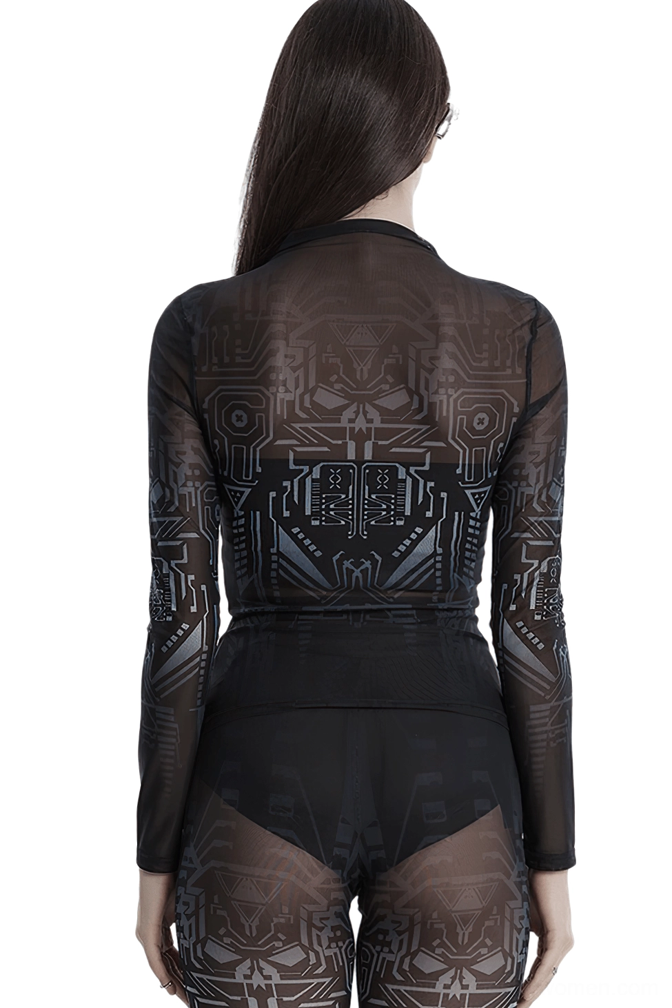 Back view of black sheer mesh long-sleeve gothic top with circuit skull print design