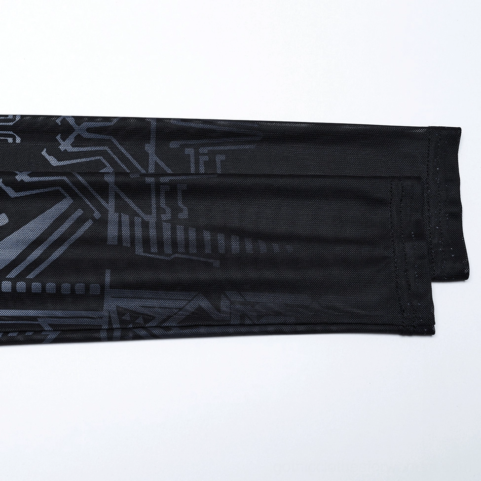 Close-up of black mesh long-sleeve cuff and sleeve construction detail