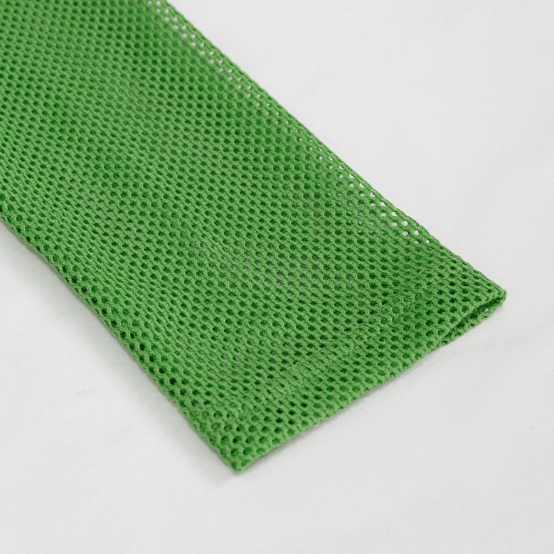 Detailed view of sleeve hem and cuff with fine hollow mesh weave and straight stitched edge finish