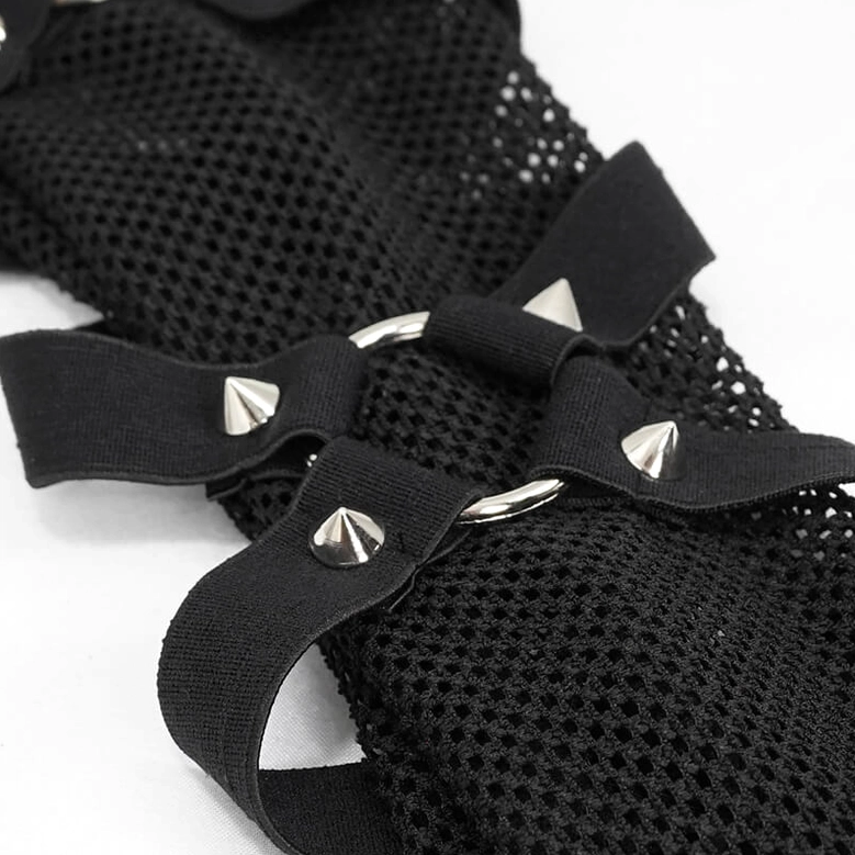 Studded sleeve strap close-up showing cone studs and D-ring hardware on mesh base fabric