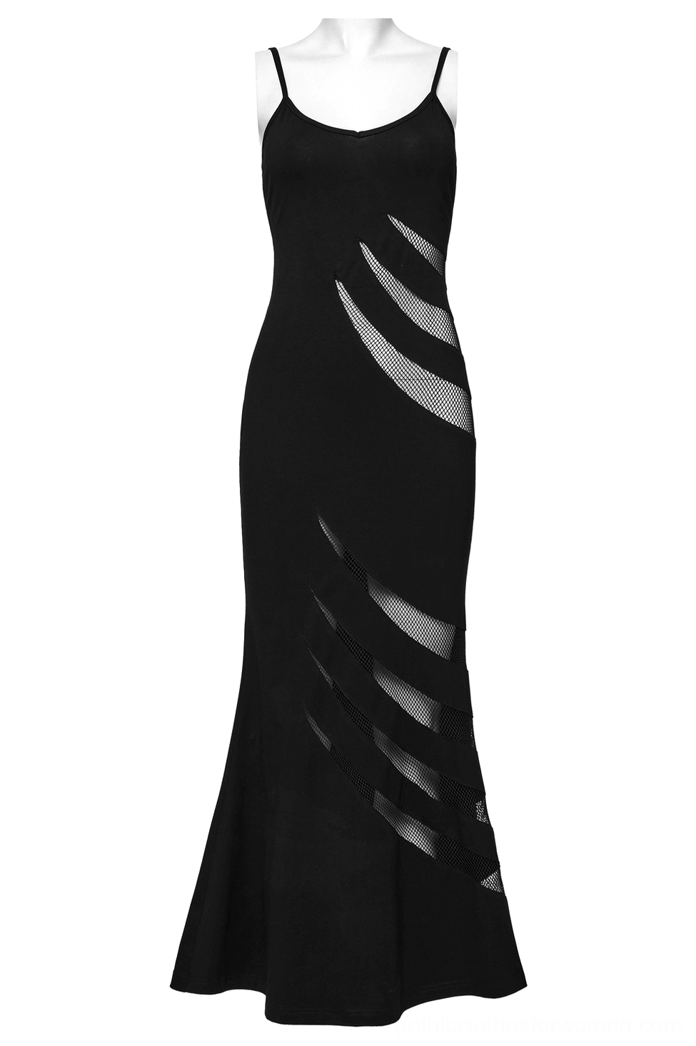 Lifestyle styling of black gothic mesh slip dress paired with alternative fashion accessories for alt-culture events