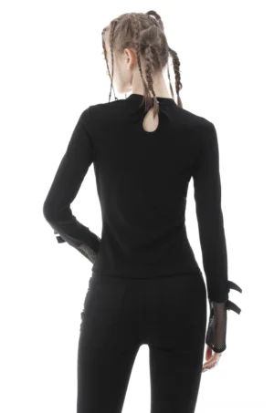 Black gothic mesh studded top back view on model - keyhole cut-out detail and lace-up cuff straps visible