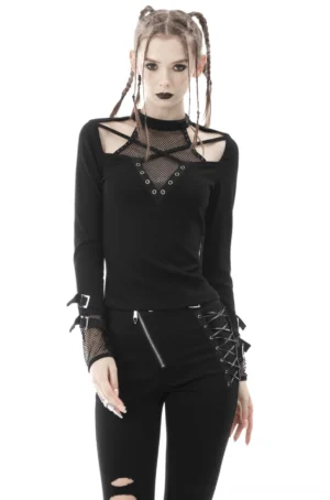 Black gothic mesh cut-out studded long sleeve top front view on model with braided hair - full body shot showing cross shoulder cut-outs and silver stud trim