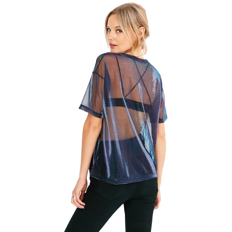 Transparent mesh gothic t-shirt rear view, iridescent dark blue finish, crisscross back design detail