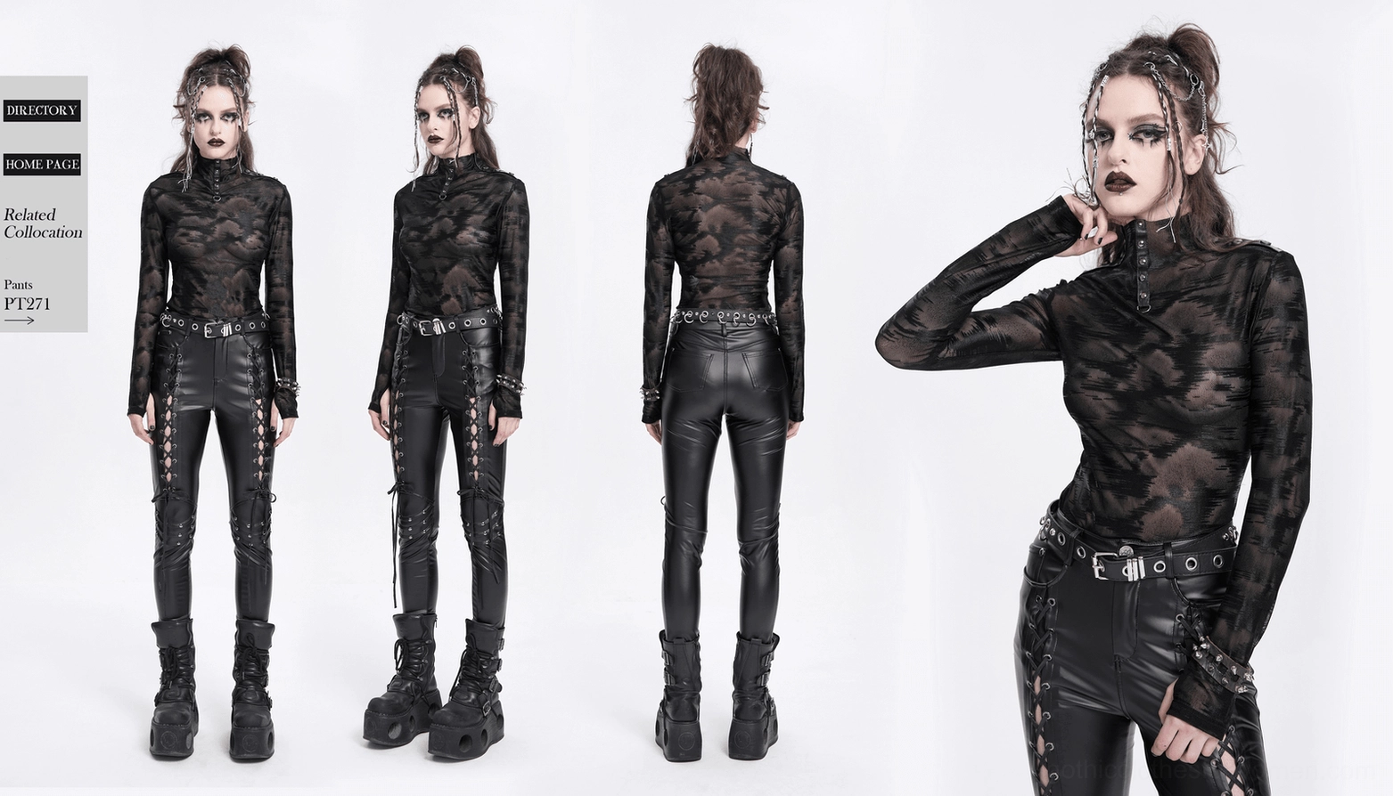 Alternative angle of sheer mesh gothic long sleeve top on model