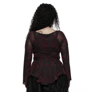 Scarlet raven V-neck mesh gothic top back view showing asymmetric peplum hem and mesh sleeves