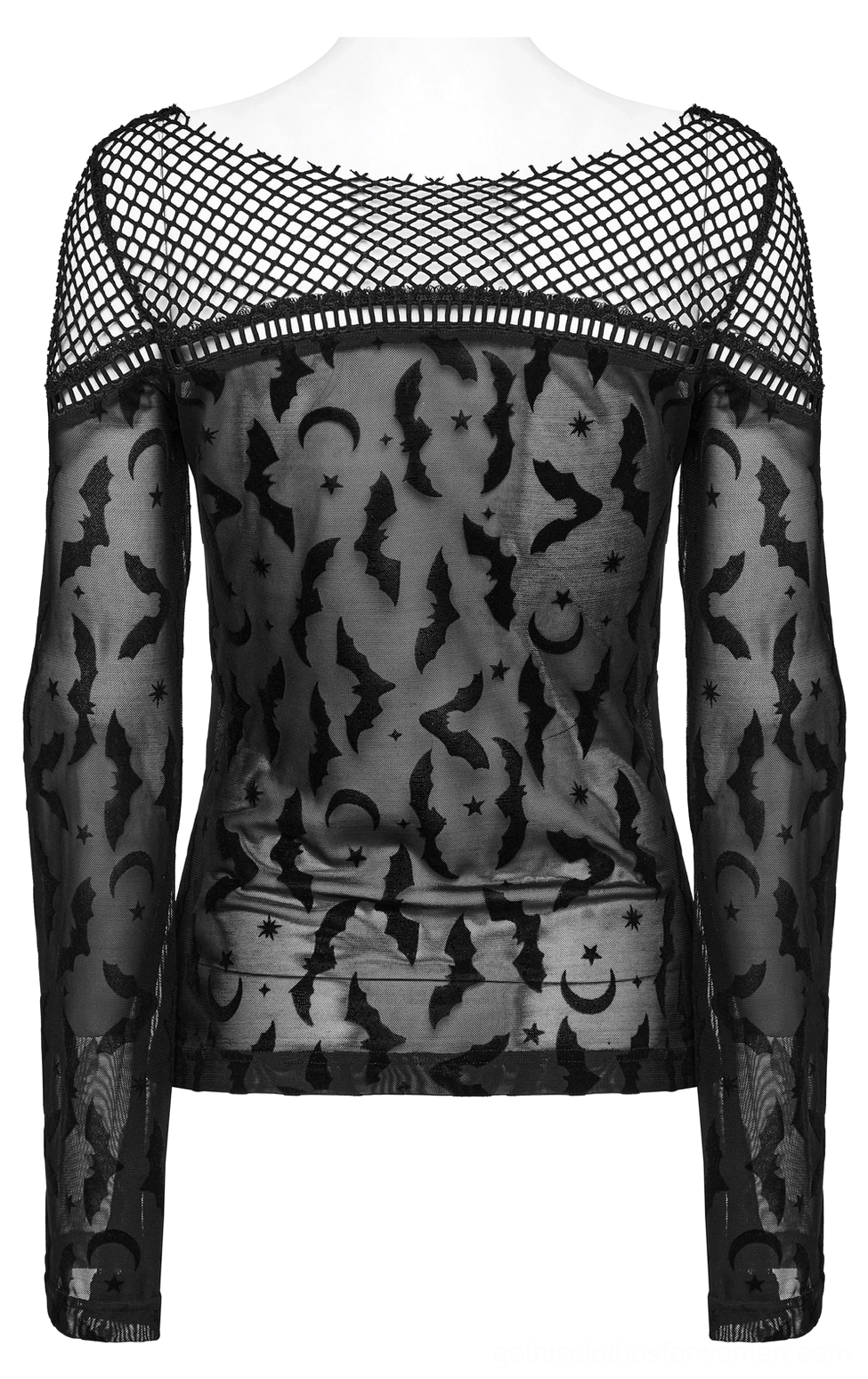 Back neckline detail of black gothic sheer mesh top displaying open back design and fitted tailoring