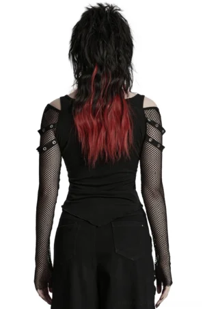 Black gothic mesh top rear back view showing solid panel and shoulder details