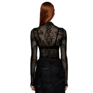 Black gothic mesh top back view - exposed back design with long sleeve velvet flocking