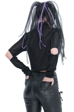 Black mesh gothic top with fingerless split sleeves, back view showing sheer fabric and elbow cutouts