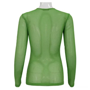 Back view of green sheer mesh alternative fashion top showing fitted back design and transparent hollow mesh texture
