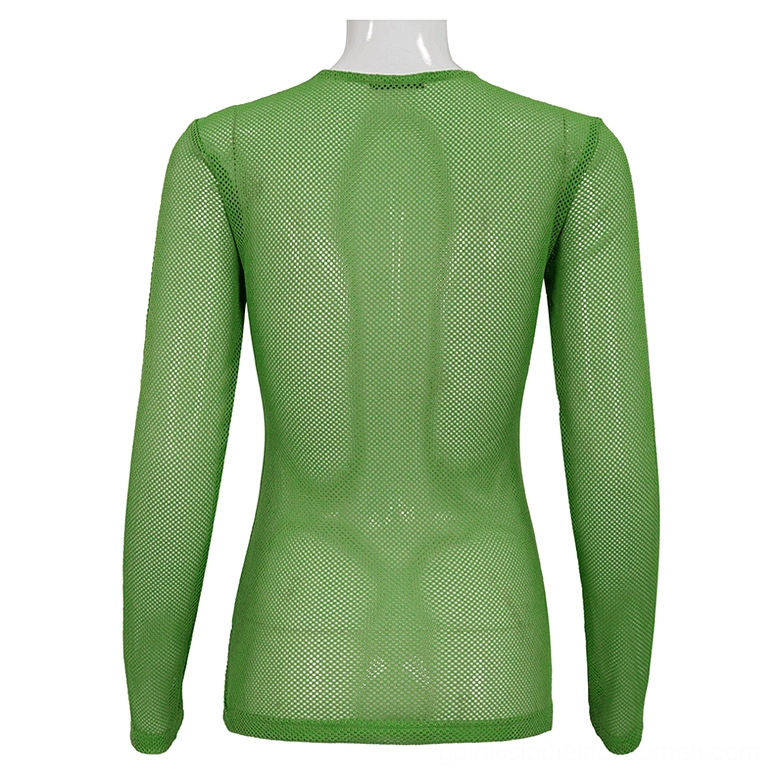 Back view of green sheer mesh alternative fashion top showing fitted back design and transparent hollow mesh texture