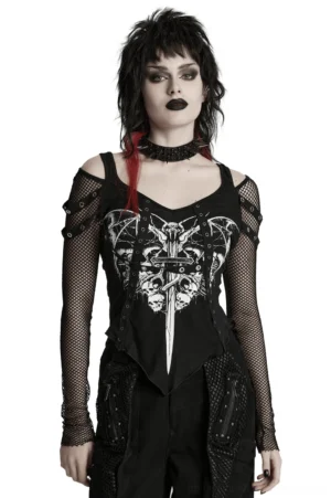 Black mesh off-shoulder gothic top with bat skull print front view on model
