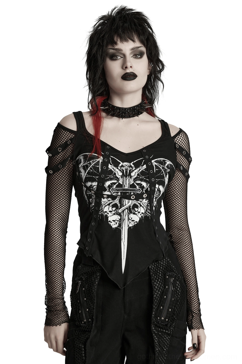 Black mesh off-shoulder gothic top with bat skull print front view on model