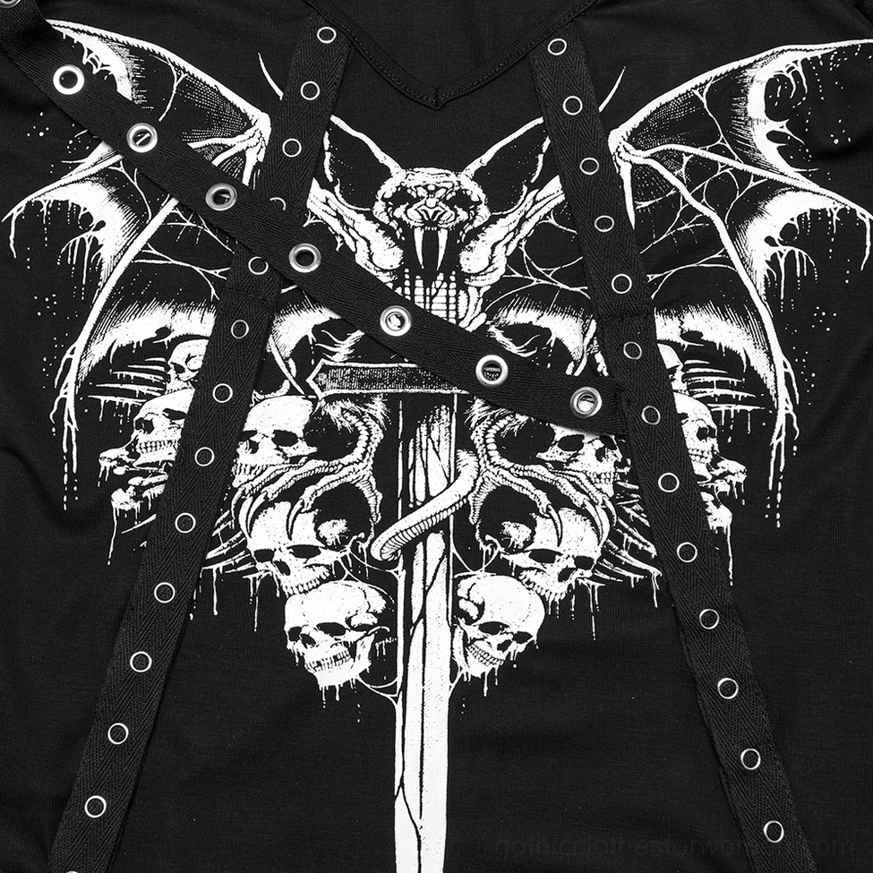 Close-up of white bat and skull graphic print on black gothic mesh top