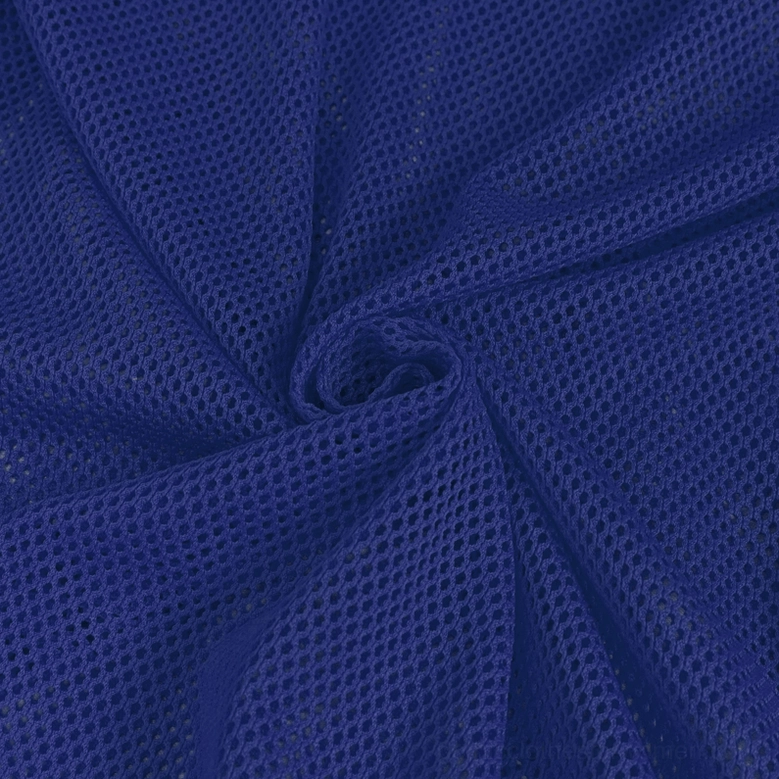 Fabric texture close-up of stretchy blue mesh material, demonstrating soft drape and dense hollow weave structure