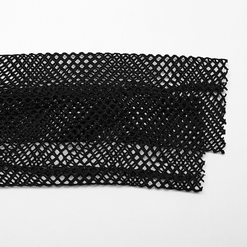 Close-up of black fishnet mesh fabric texture on gothic top sleeves