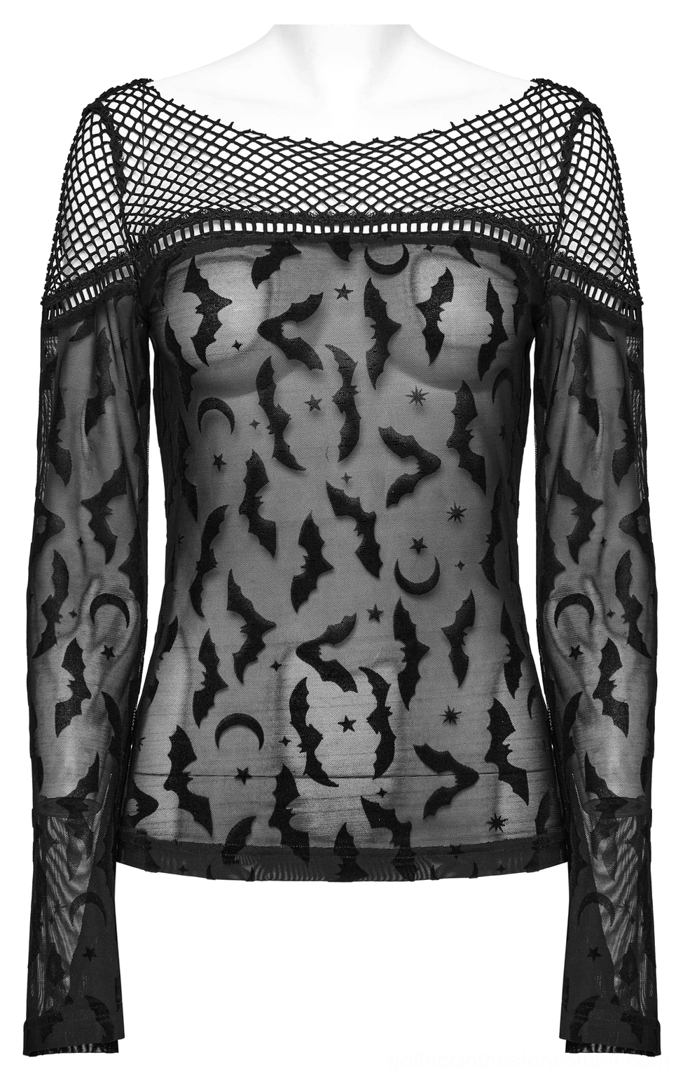 Close-up front detail of black sheer mesh gothic top showing flocked bat and celestial motif design