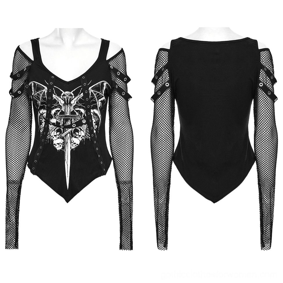 Black gothic mesh off-shoulder top front and back mannequin display