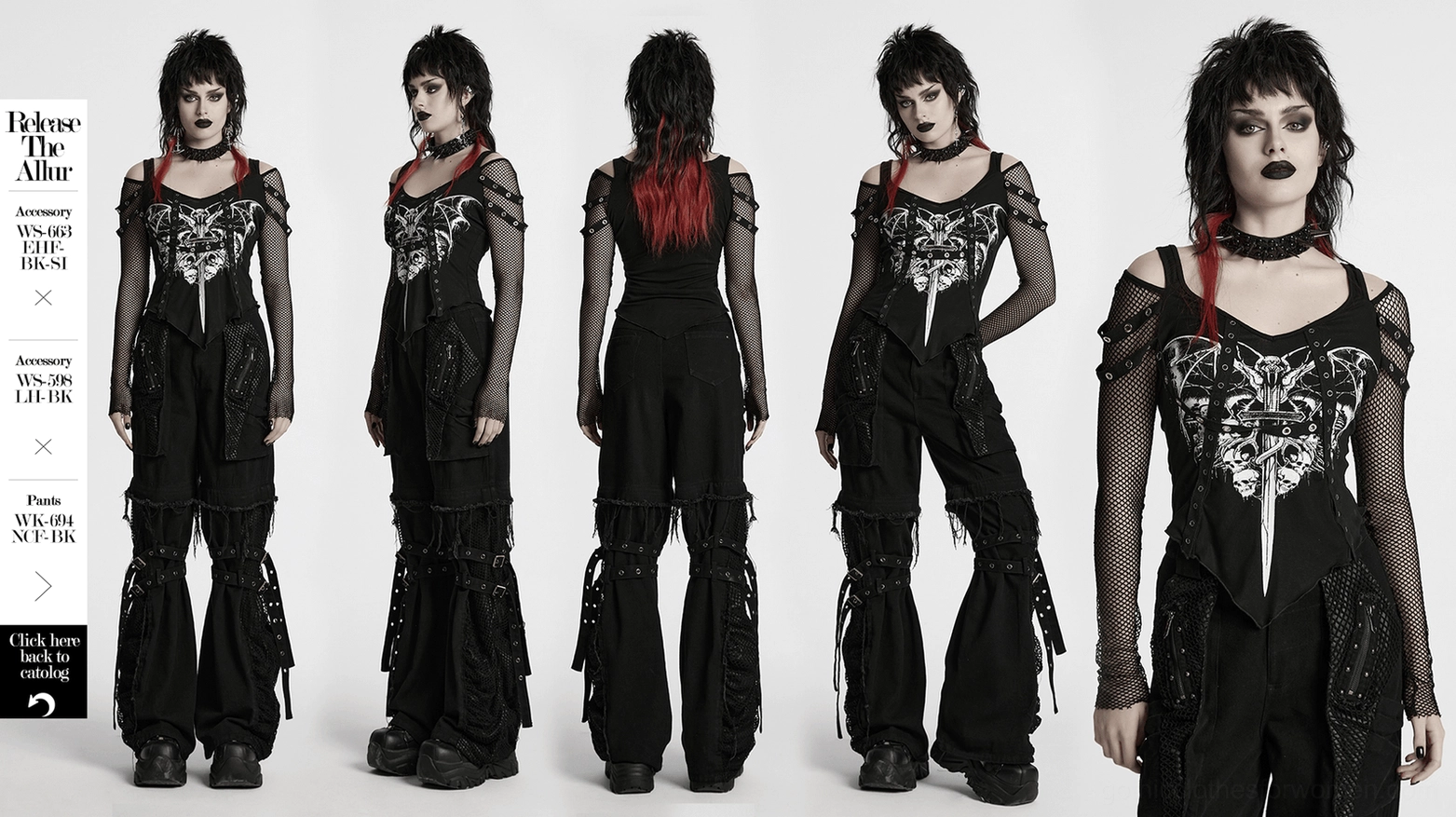 Black gothic off-shoulder mesh top front full-body style showcase