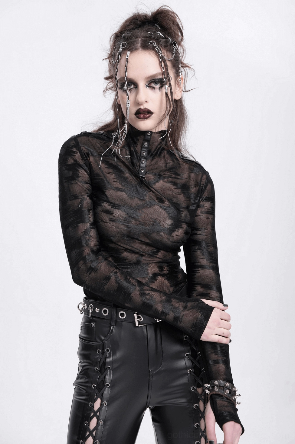 Full length back view of gothic mesh long sleeve top with thumbholes