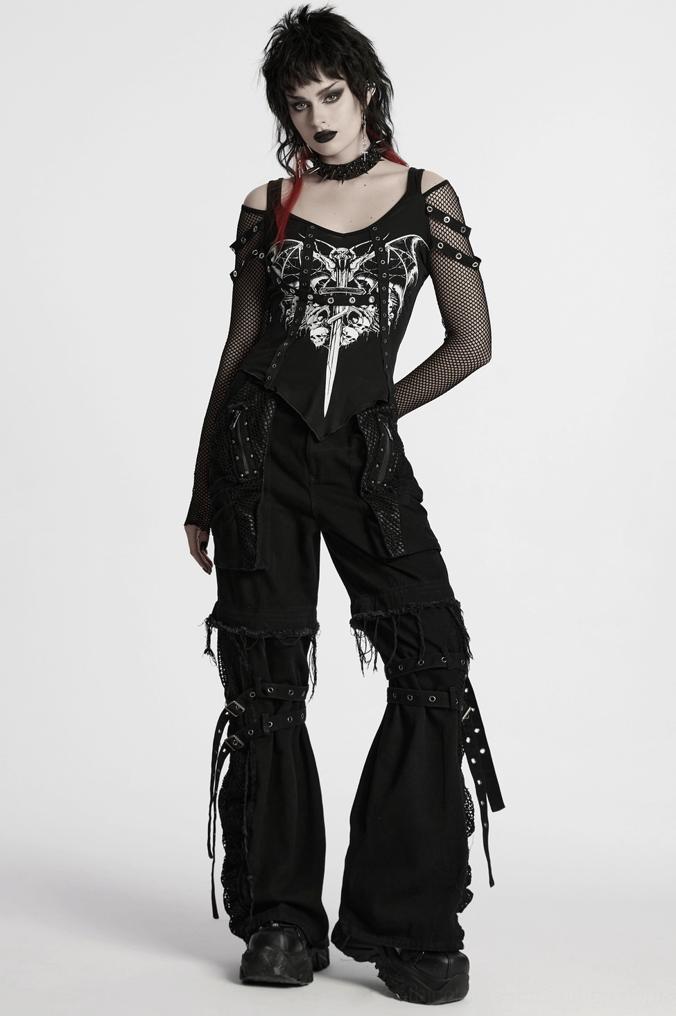 Black mesh gothic top full length rear view with asymmetrical design