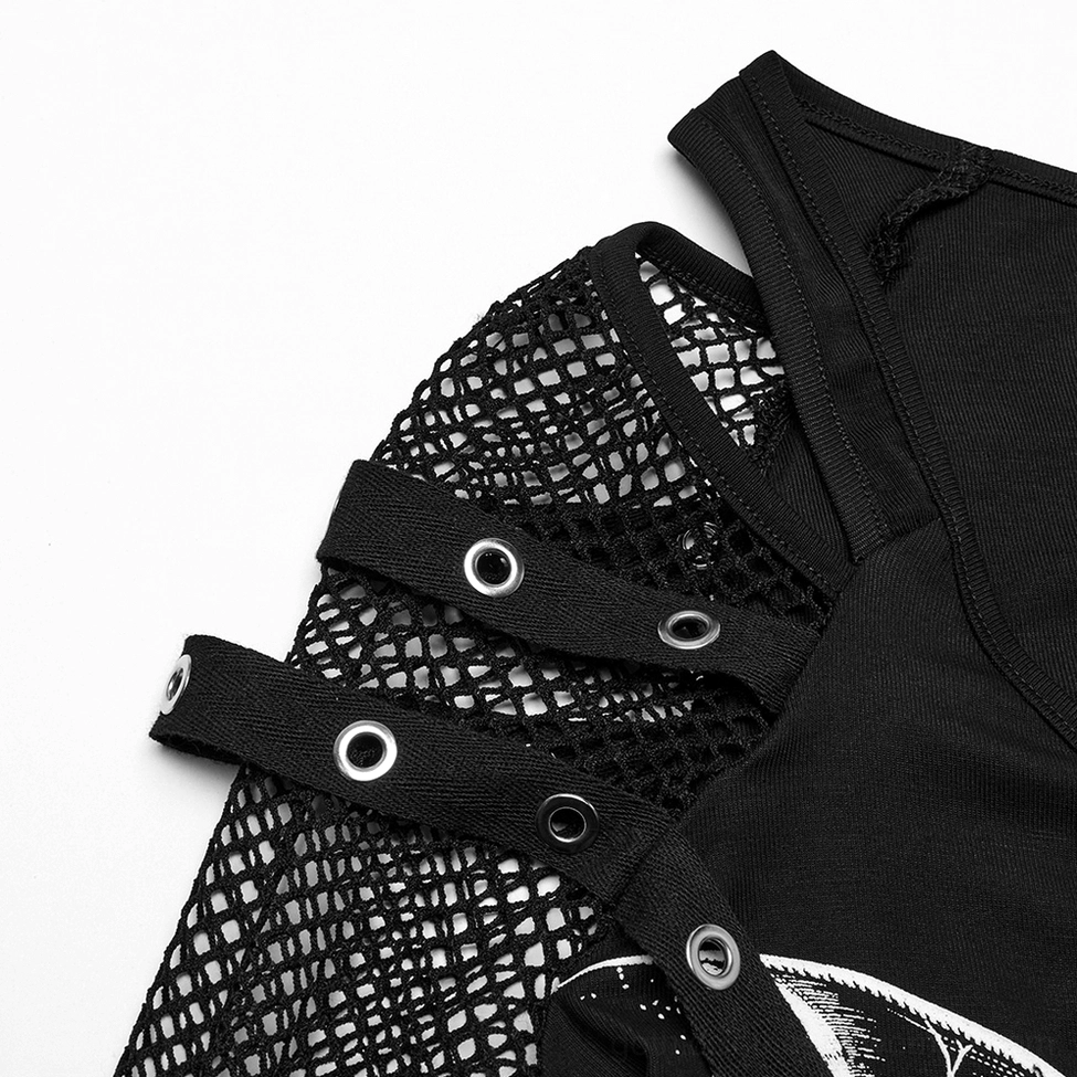 Close-up of black gothic mesh top shoulder strap metal grommet details