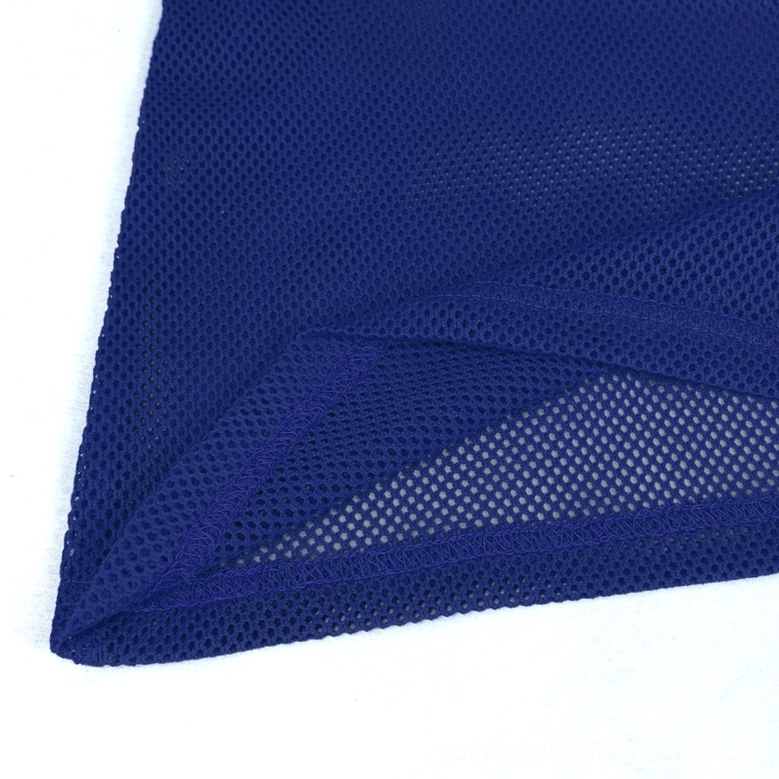 Side hem panel detail of electric blue transparent mesh top, featuring double-layered edge and see-through construction