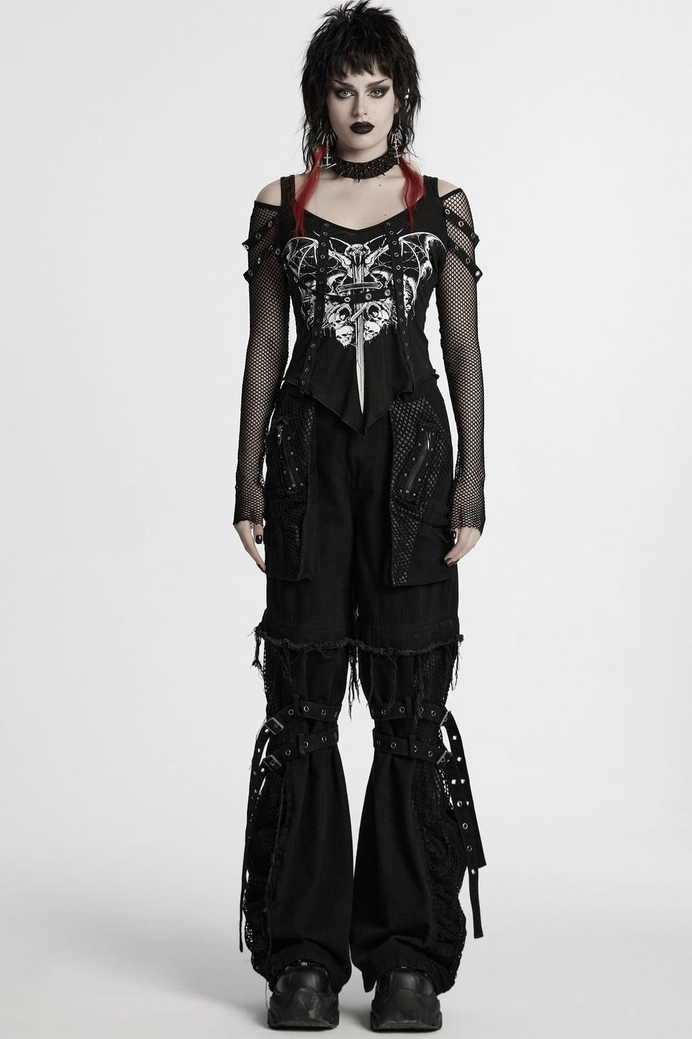Black gothic mesh top hem and fit detail with snap webbing