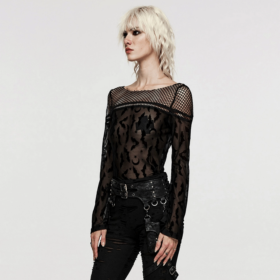 Black bat flocked sheer mesh gothic top layering piece styled on dress form with visible print work