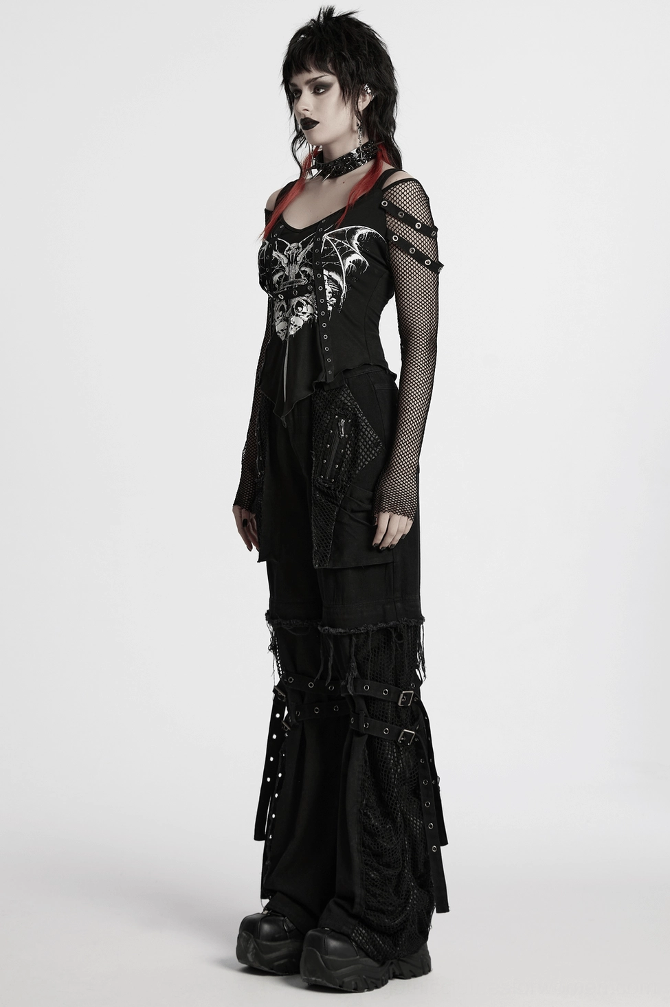 Black gothic mesh top off-shoulder neckline and arm strap styling