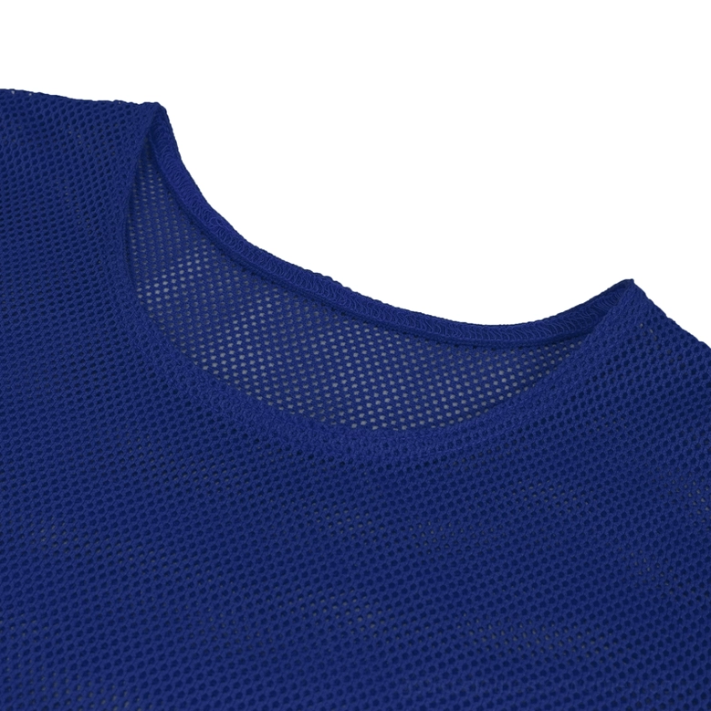 Close-up detail of crew neckline on electric blue gothic mesh top, showcasing fine woven texture and construction quality