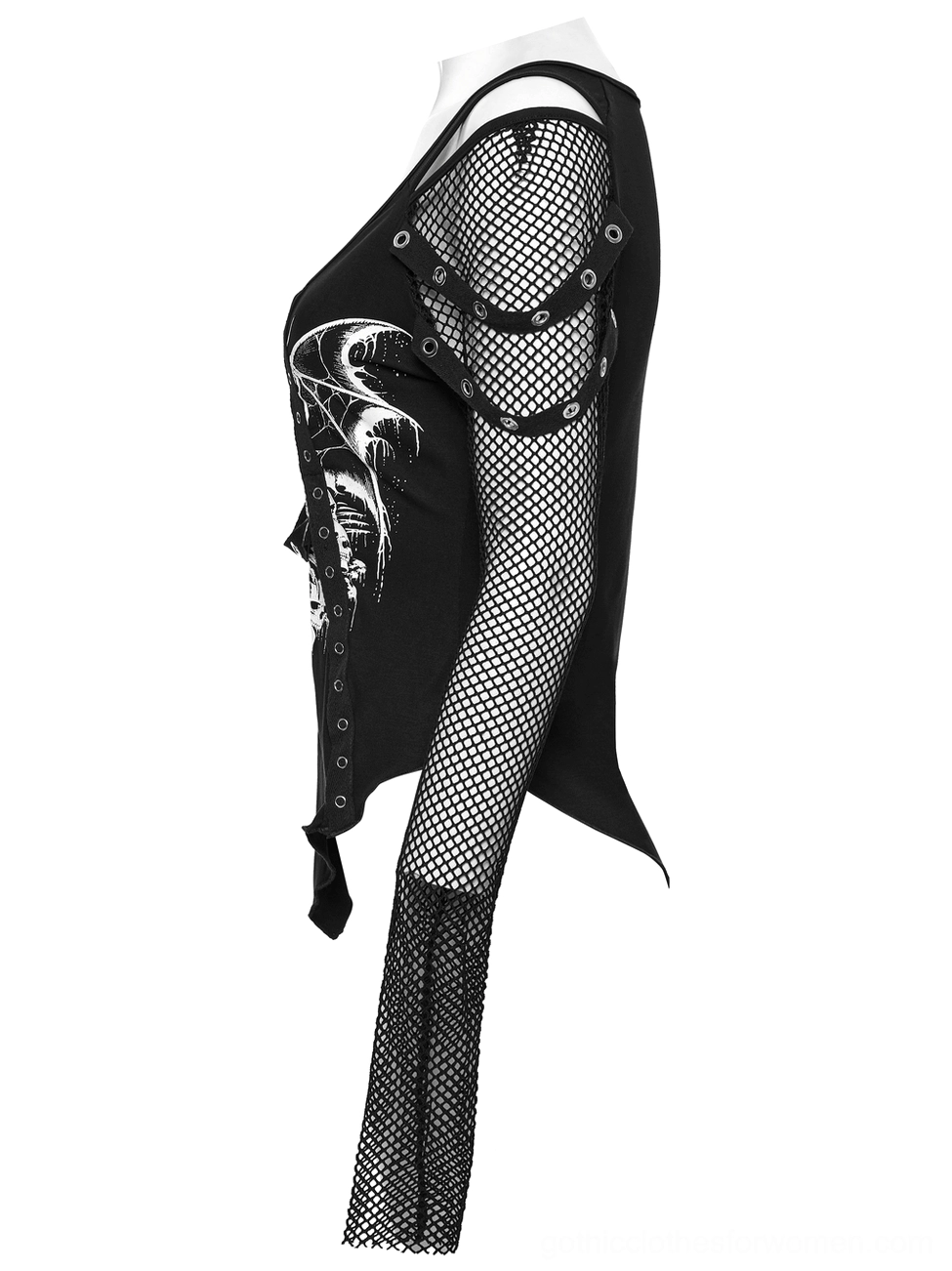 Black gothic mesh top side view showing asymmetrical hem curve detail