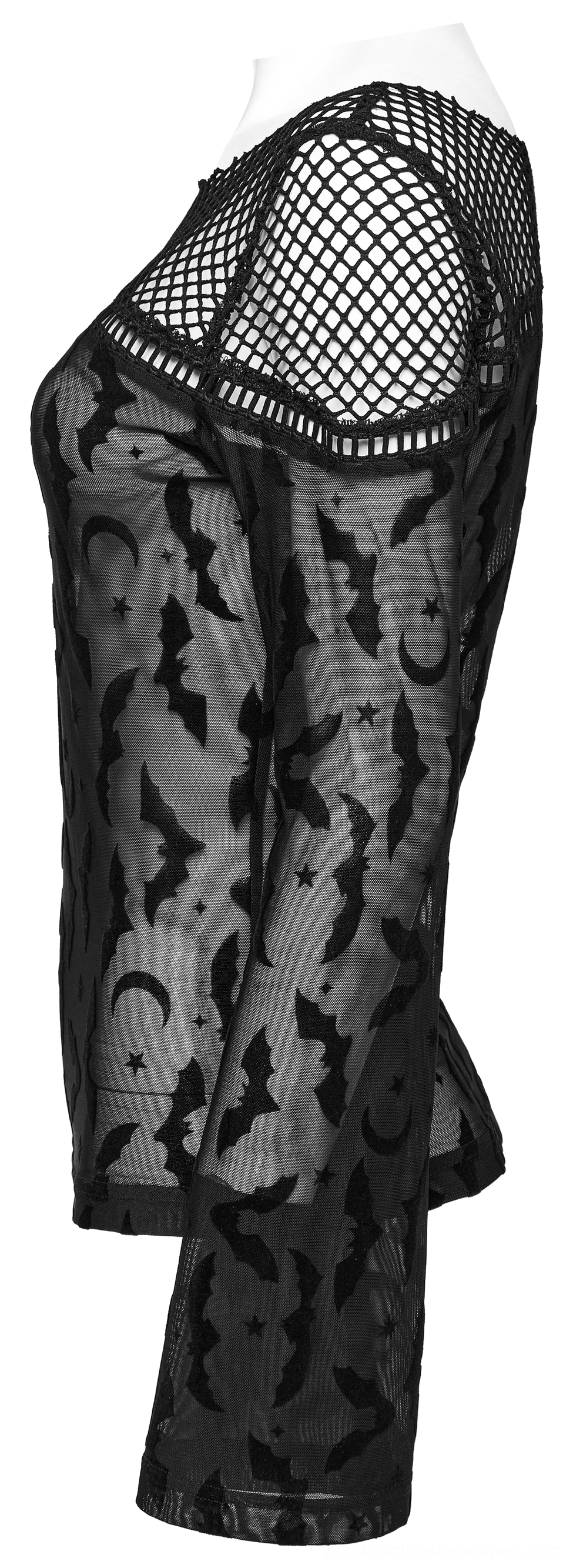 Side profile view of black gothic long sleeve mesh top on mannequin showcasing bell sleeves and fitted waist