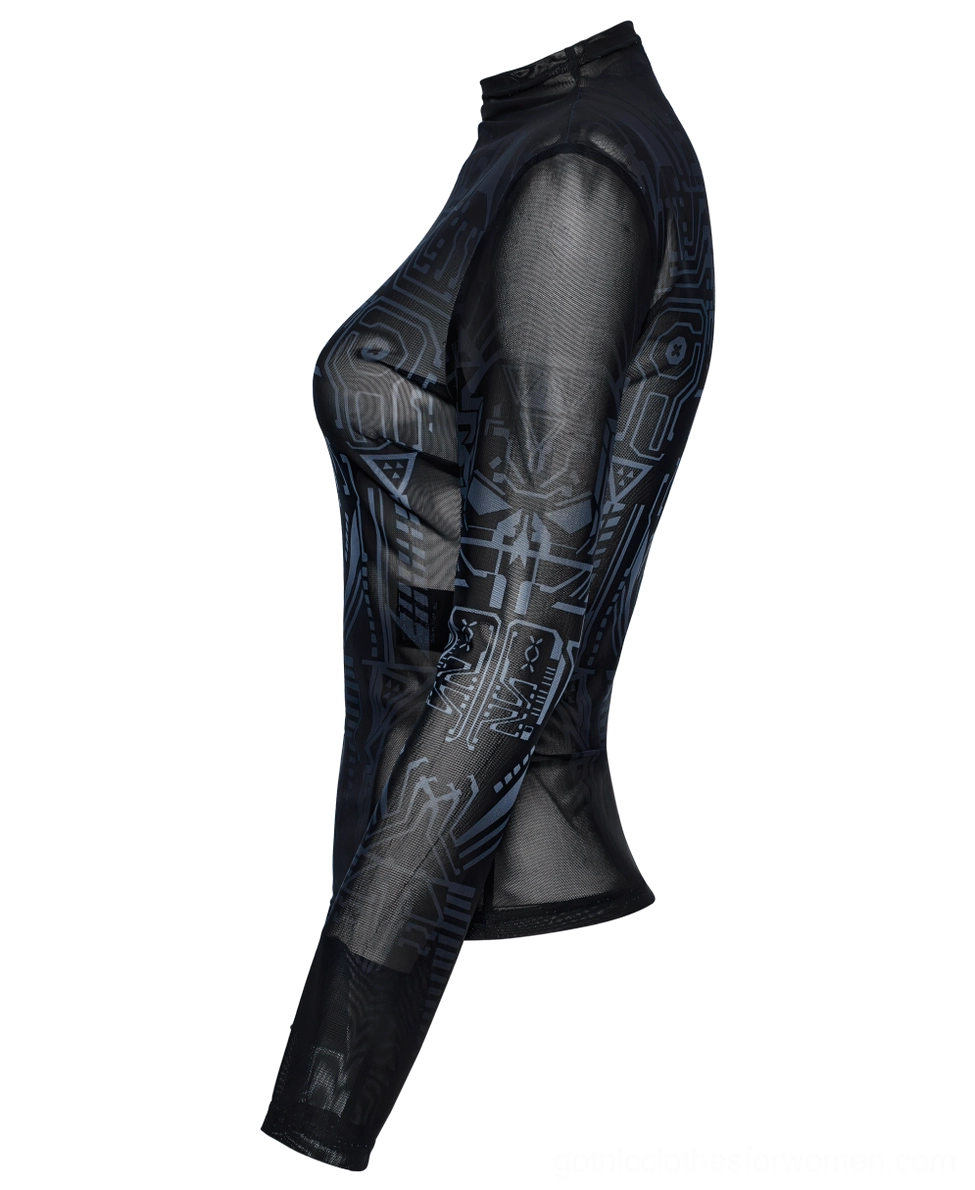 Side view flat lay of black mesh cyberpunk skull top showing slim tailored long sleeves