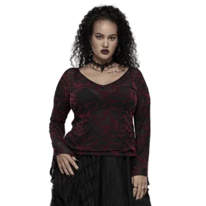 Scarlet raven V-neck mesh gothic top front view worn by curvy plus-size model in studio