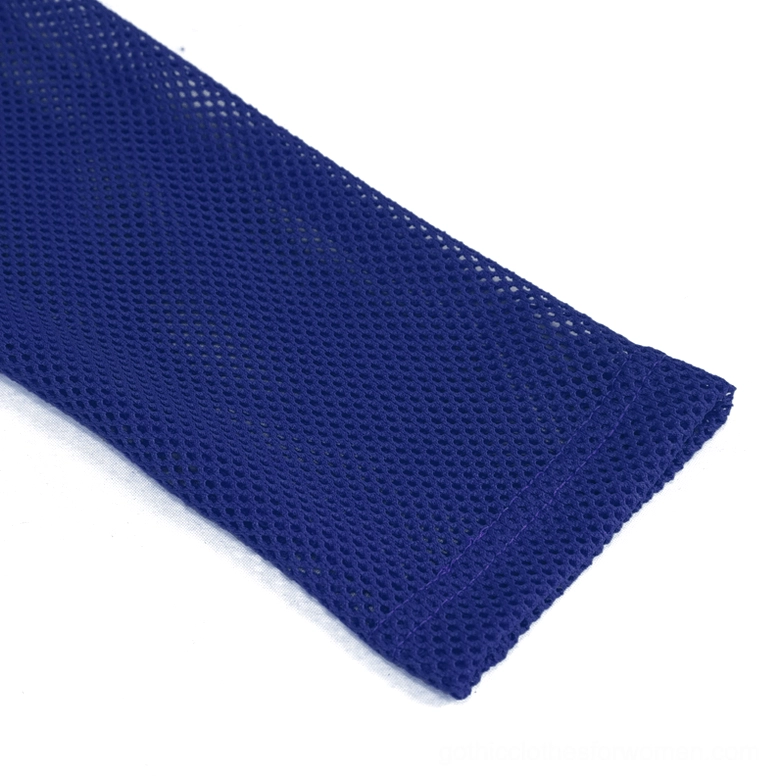 Sleeve cuff and hem detail of blue mesh long sleeve top, showing straight sewn edge and fabric construction