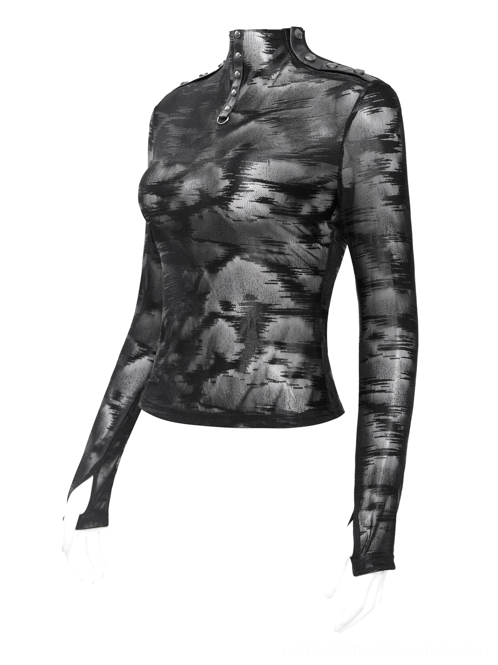 Three-quarter mannequin view of gothic mesh top slim fit silhouette