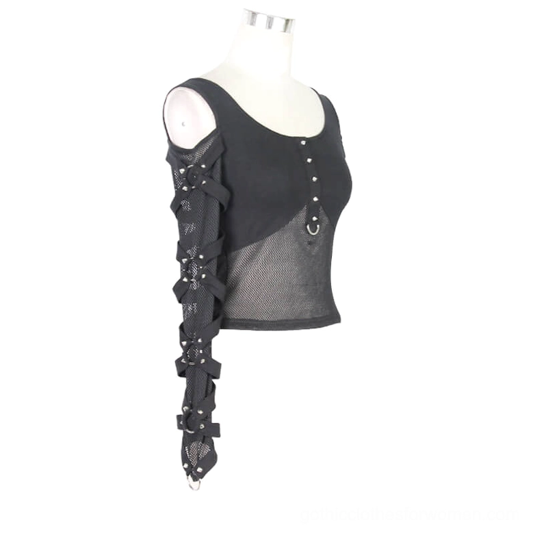 Studded mesh crop top three-quarter left front view on dress form, highlighting single visible studded sleeve strap