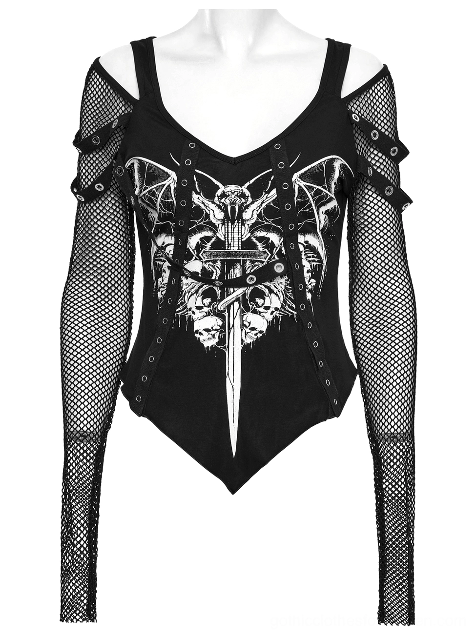 Black gothic off-shoulder mesh top v-neck fitted silhouette front view