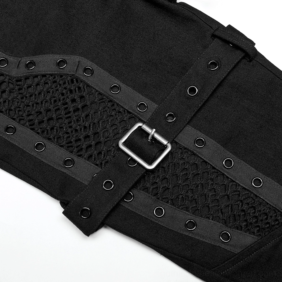 Square metal buckle strap detail on black gothic mesh trousers adjustable thigh hardware