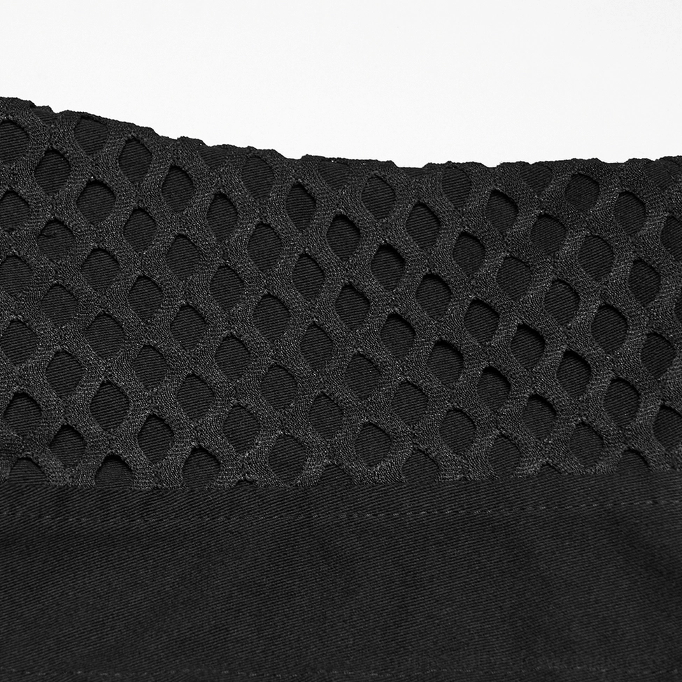 Black gothic mesh vest texture and construction detail, showing fabric composition and fitted silhouette on mannequin
