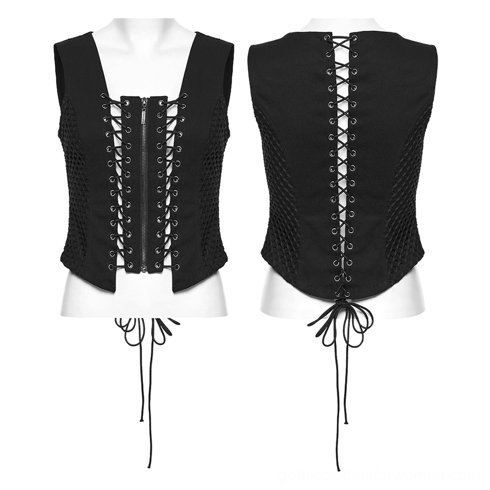 Black punk-gothic lace-up vest displayed front and back on dual mannequins, showcasing full silhouette and drawstring hem design