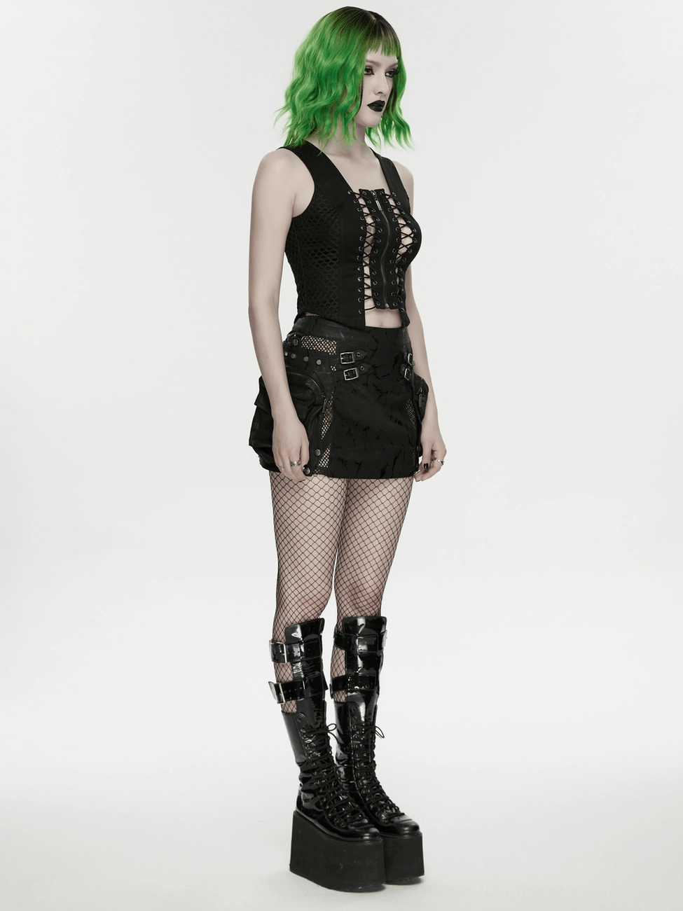 Black gothic mesh lace-up vest main product image, front-facing on model, highlighting dual lace system and mesh panels