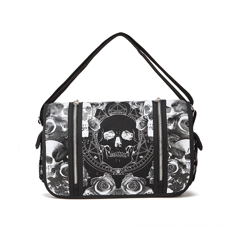 Gothic canvas handbag front display featuring central skull and rose pentacle print with adjustable shoulder strap