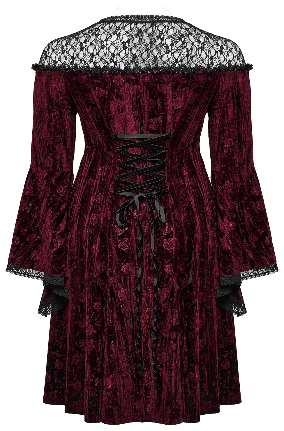 Back product view of burgundy gothic dress displaying ornate lace-up corset back design