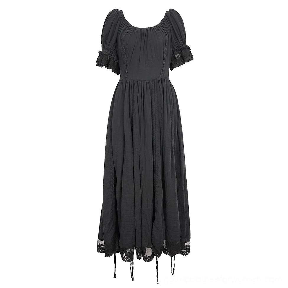 Classic black gothic midi dress corset front clean bodice flat lay