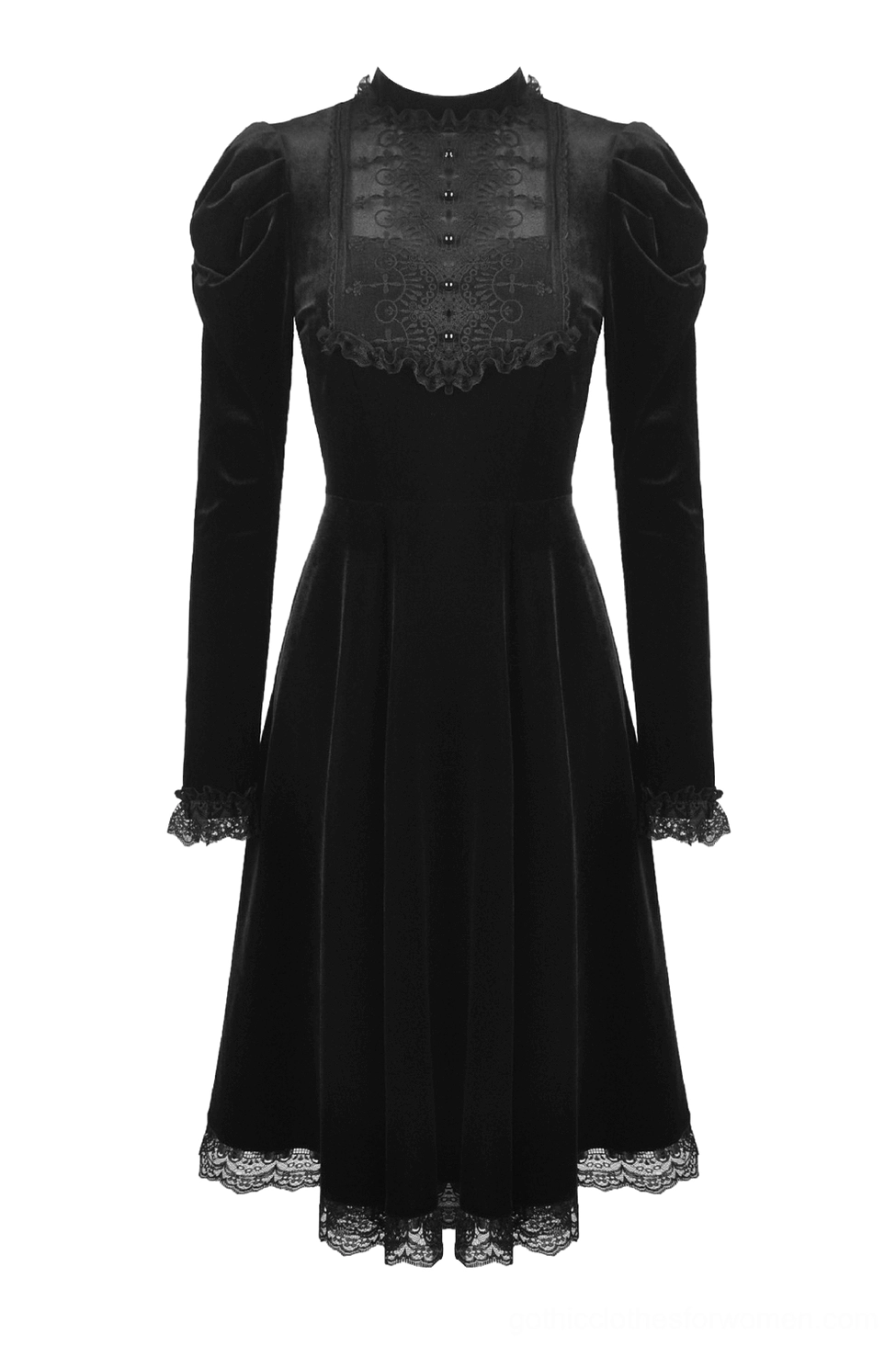 Black velvet gothic dress flat lay front view showing puff sleeves and sheer lace bust panel